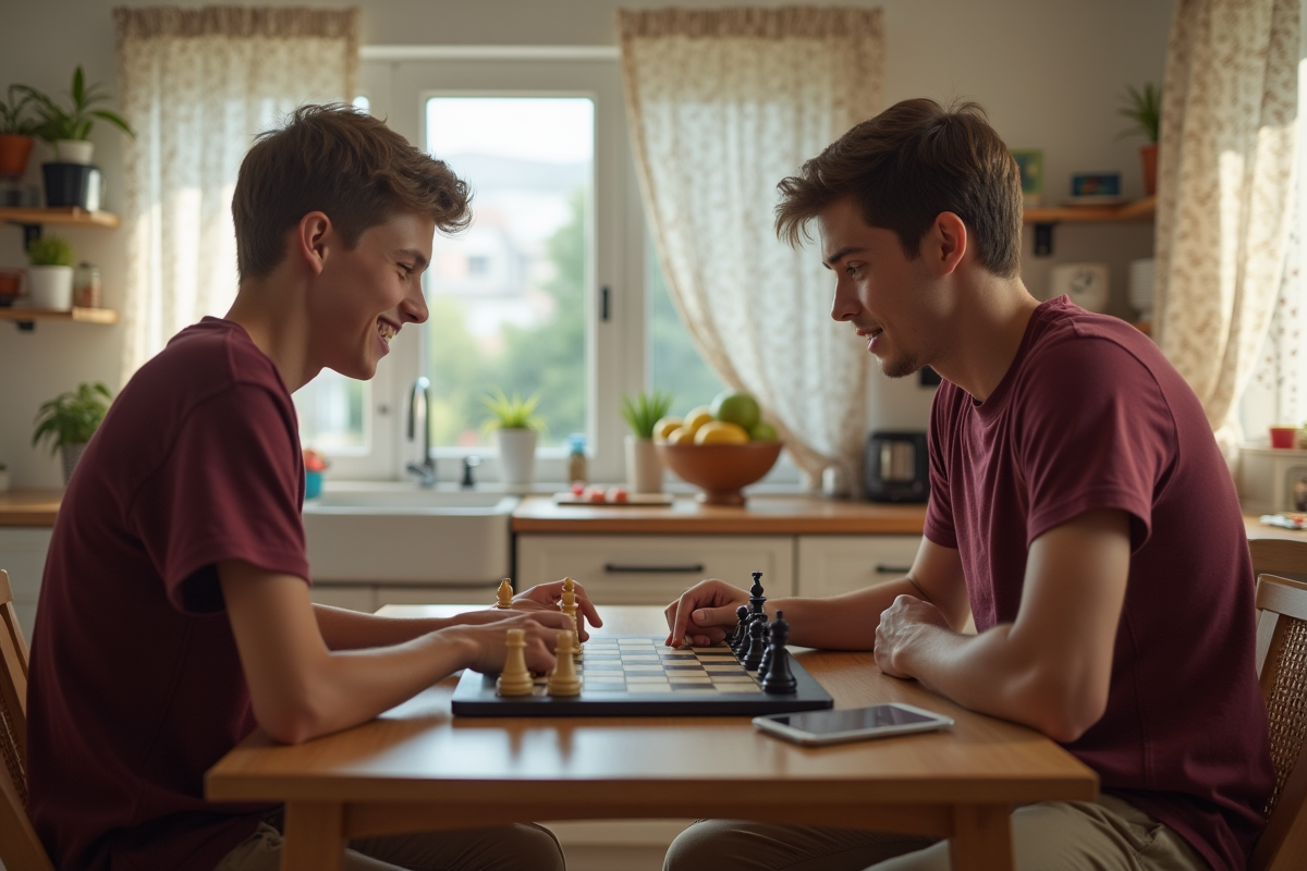 Garçon de 16 ans jouant aux echecs avec son père dans la cuisine chaleureuse
