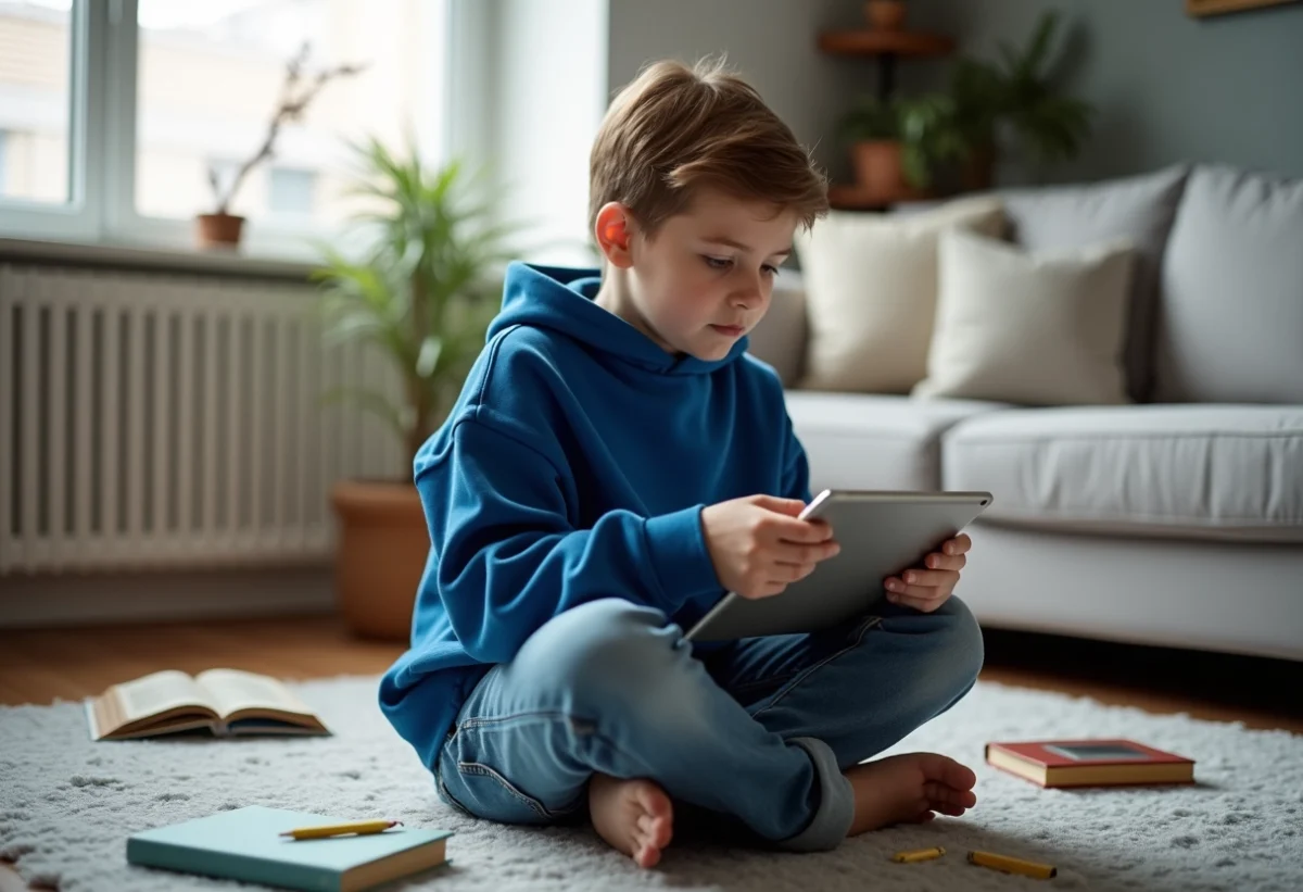 Garçon de 10 ans assis sur un tapis dans un salon moderne
