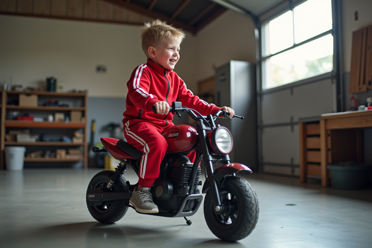 Garçon en tenue de sport assis sur minimoto dans un garage organisé