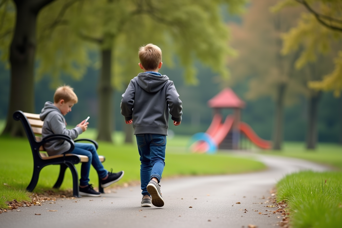 Garçon courant dans un parc avec un autre enfant sur un banc