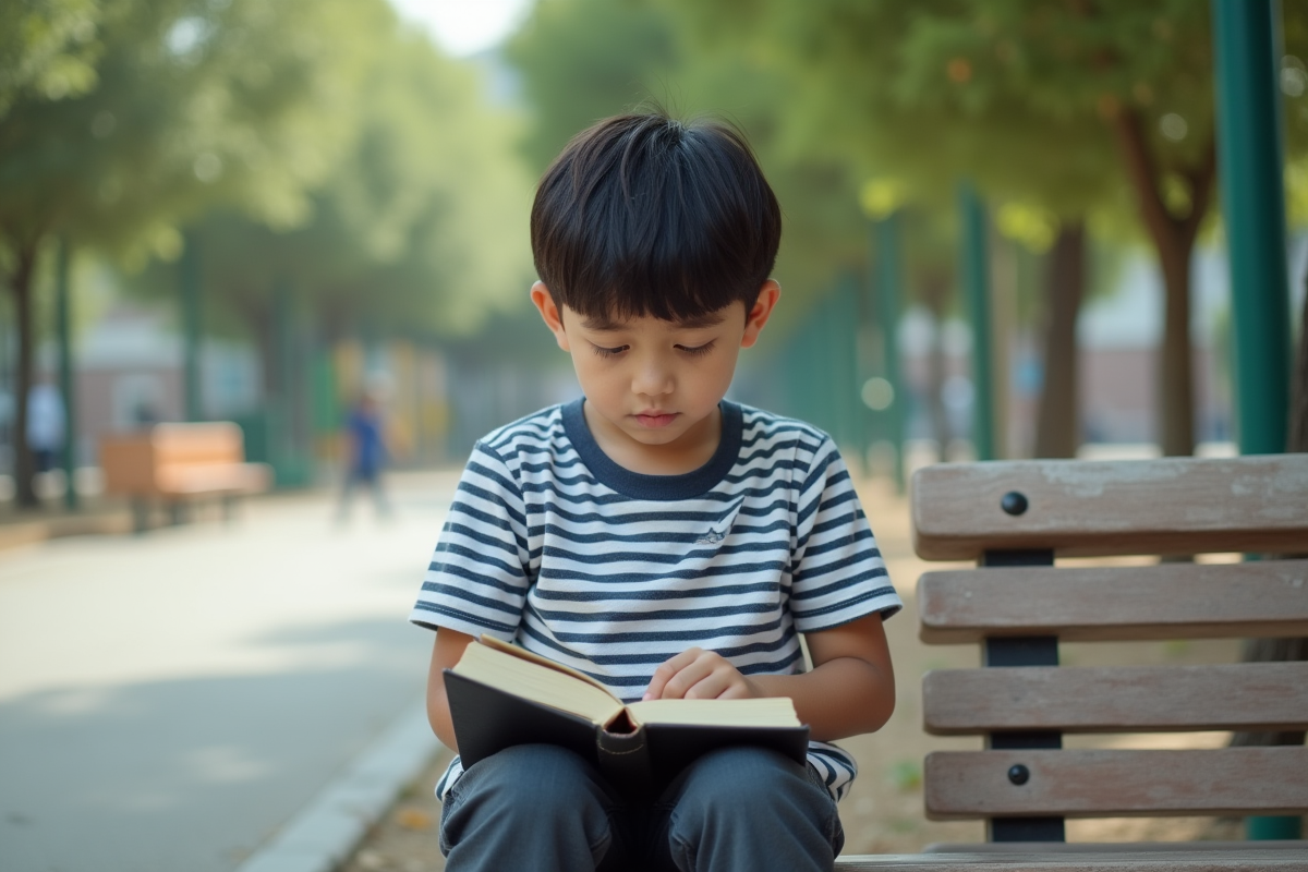 Garçon de 10 ans assis sur un banc de cour d