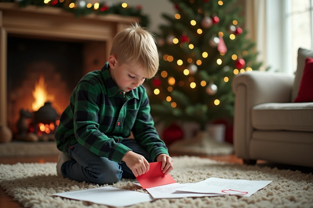 Garçon pliant sa lettre au Père Noël entouré de modèles imprimés dans un salon décoré pour Noël