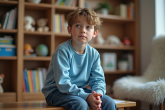 Garçon pensif dans un salon de thérapie chaleureux