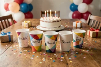 Gobelets personnalisés pour anniversaire disposés en arc sur une table décorée de confettis et de cadeaux