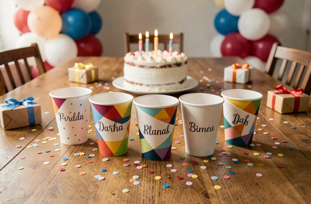 Gobelets personnalisés pour anniversaire disposés en arc sur une table décorée de confettis et de cadeaux