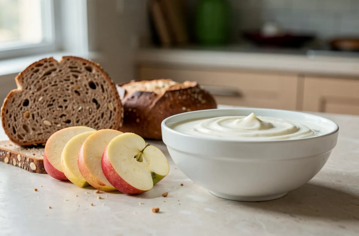 Goûter d'enfant avec pomme, yaourt nature et pain complet