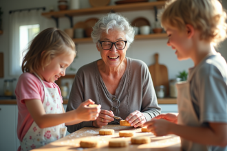 Grand-mère souriante cuisine avec ses petits enfants dans une cuisine lumineuse