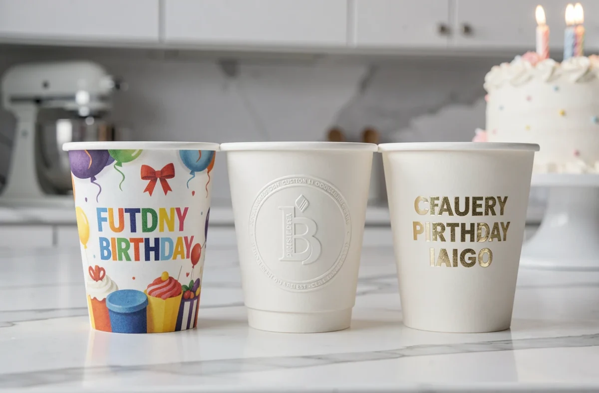 Gros plan de trois gobelets anniversaire personnalisés avec différentes techniques d'impression sur un comptoir en marbre