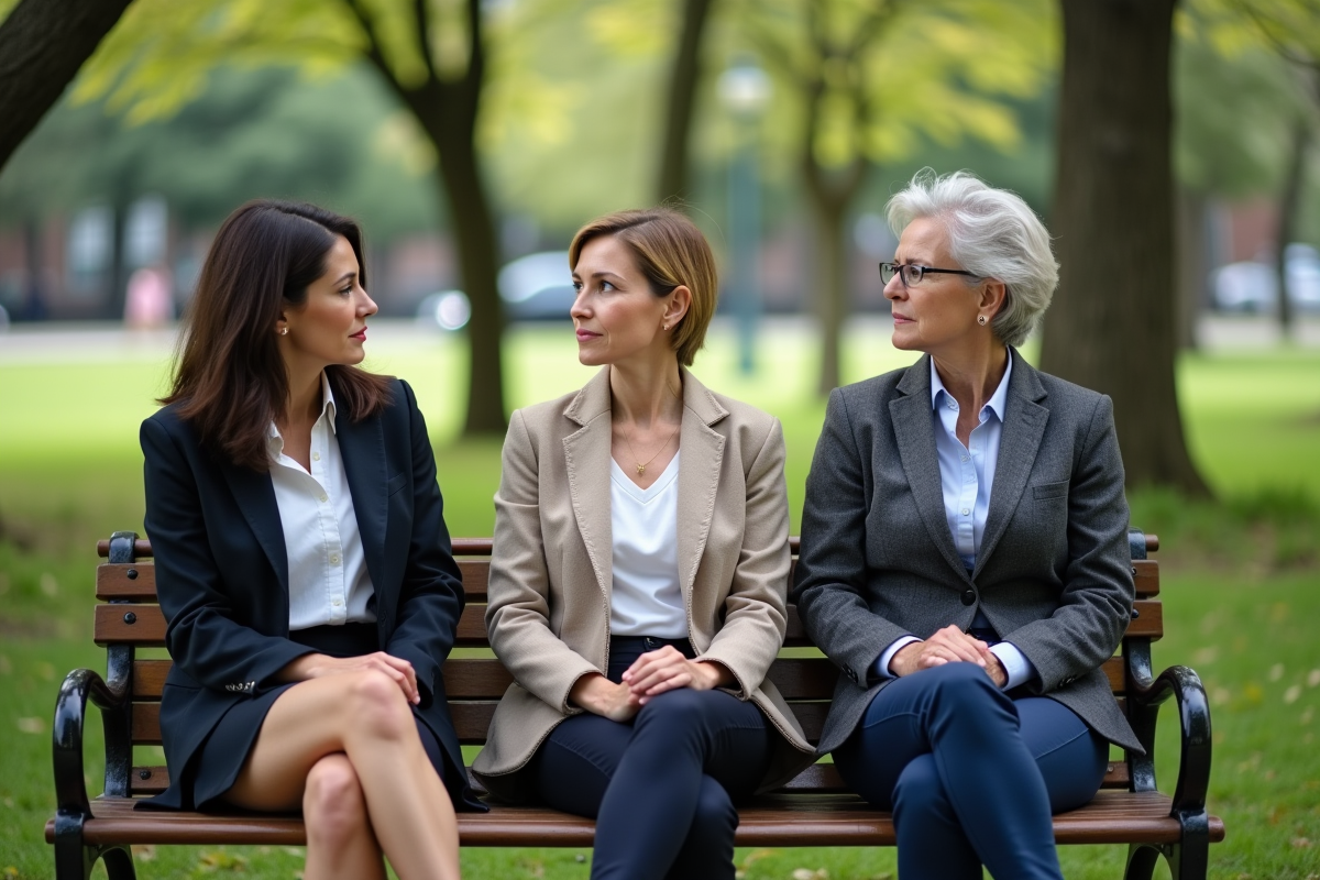 Groupe de trois adultes en discussion dans un parc urbain
