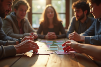 Groupe d'amis jouant à un jeu de société en journée