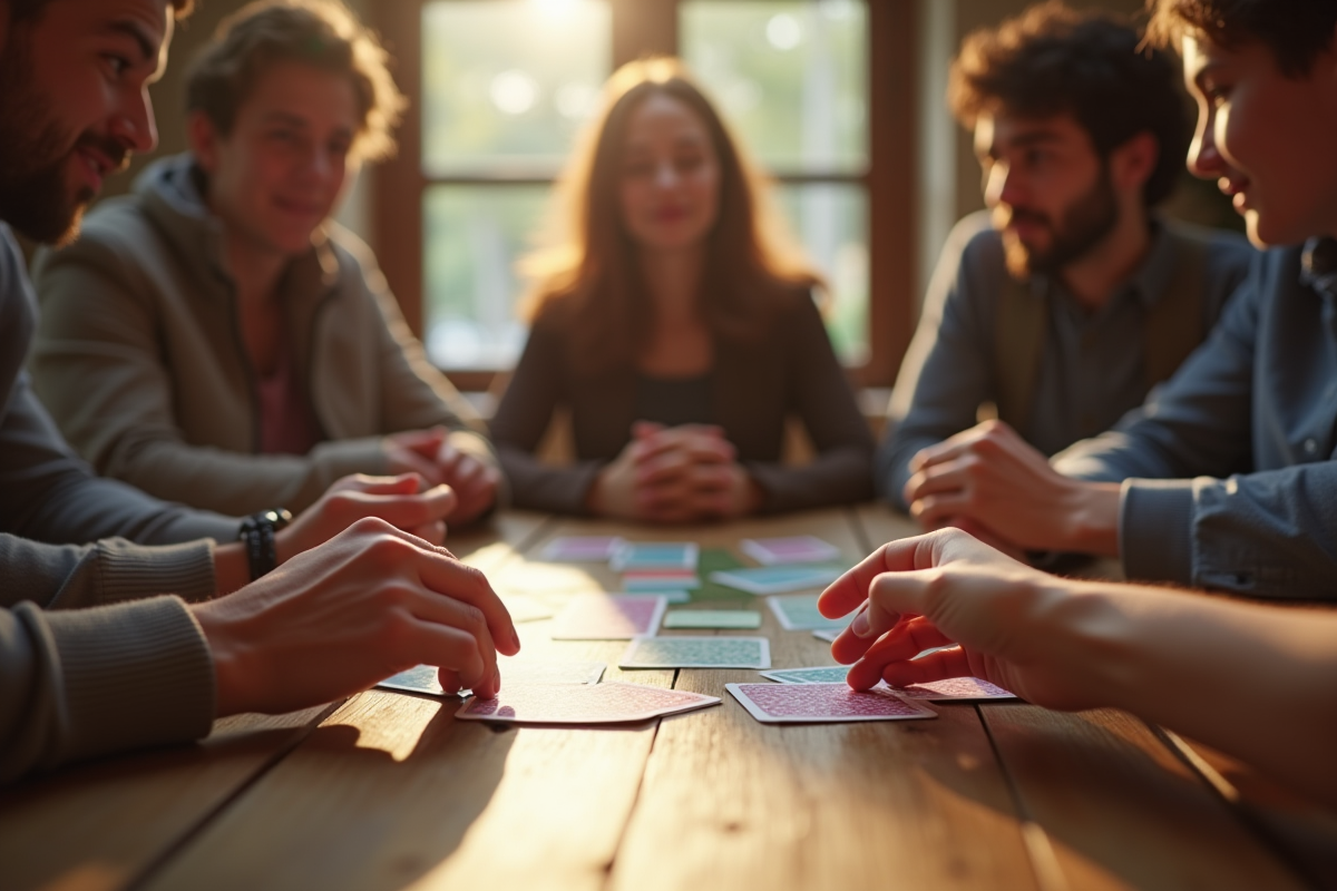 Groupe d'amis jouant à un jeu de société en journée