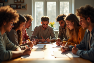 Groupe d'amis jouant à un jeu de dessin en lumière naturelle
