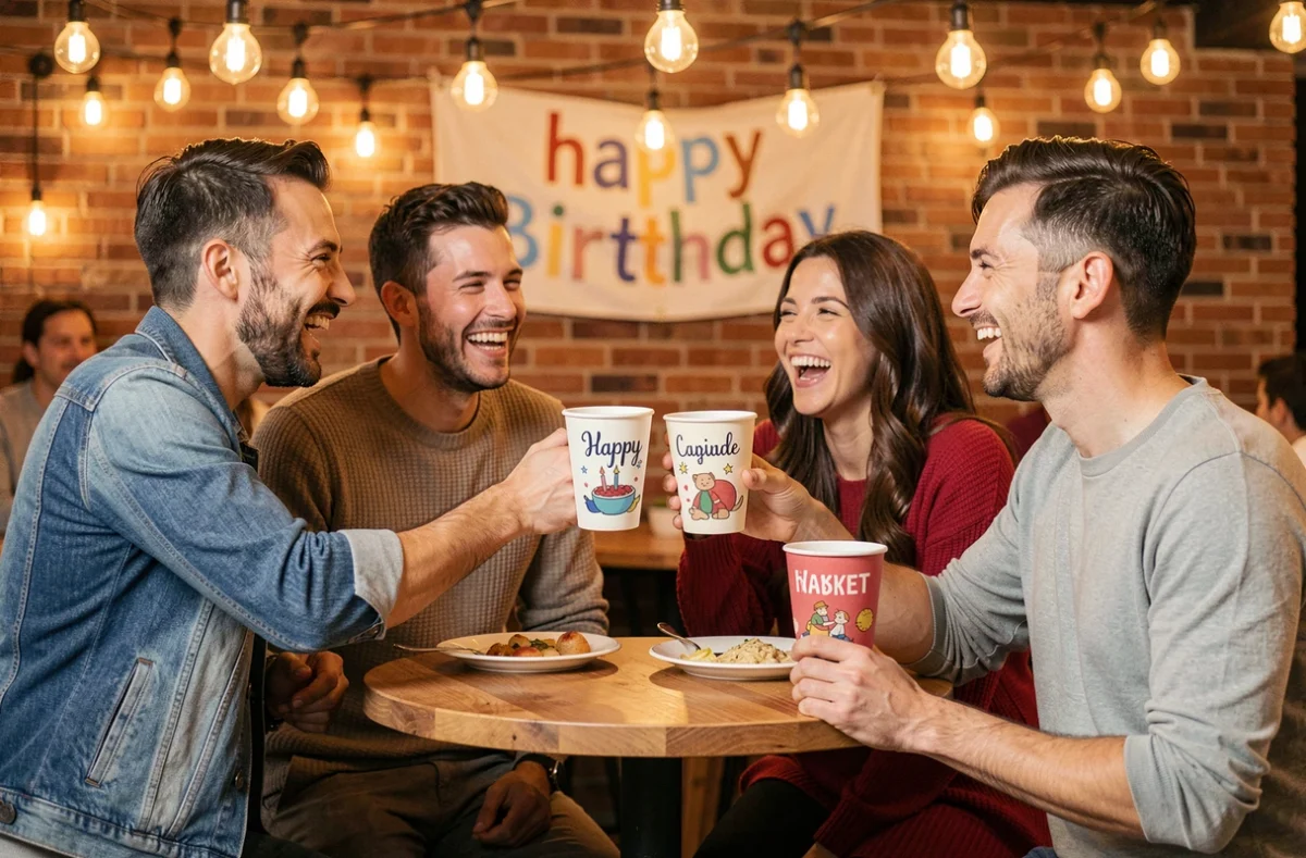 Groupe d'amis portant un toast avec des gobelets personnalisés lors d'une fête d'anniversaire en intérieur
