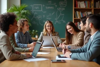 Groupe d adultes en atelier collaboratif en classe moderne
