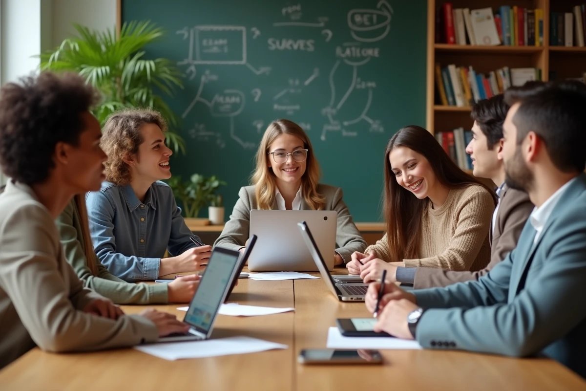 Groupe d adultes en atelier collaboratif en classe moderne