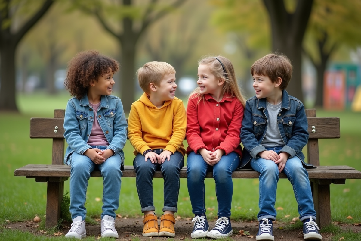 Enfants souriants assis sur un banc dans un parc en plein air