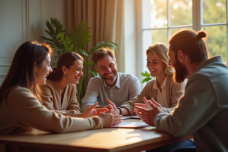 Groupe de personnes souriantes autour d'une table chaleureuse