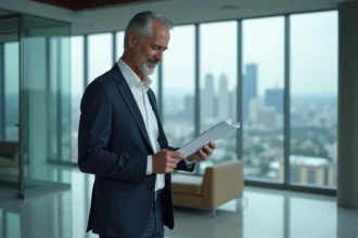 Dirigeant professionnel en costume marine dans un hall de bureau moderne, illustrant la carrière de Guillaume Faury PDG d'Airbus