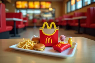 Happy Meal McDonald's avec frites, burger, jus de pomme et jouet sur un plateau dans un restaurant