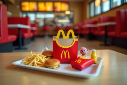 Happy Meal McDonald's avec frites, burger, jus de pomme et jouet sur un plateau dans un restaurant