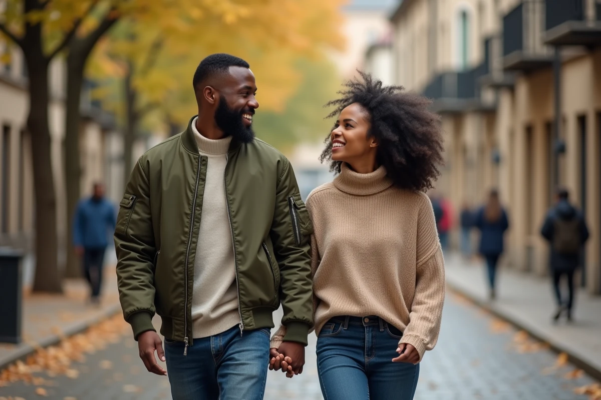 Couple Haron Tanzit se promenant sur une rue pavée en automne, complicité naturelle illustrant leur image publique et biographie commune