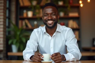 Portrait de Haron Tanzit dans un café urbain, jeune homme africain souriant en chemise blanche, image publique et biographie