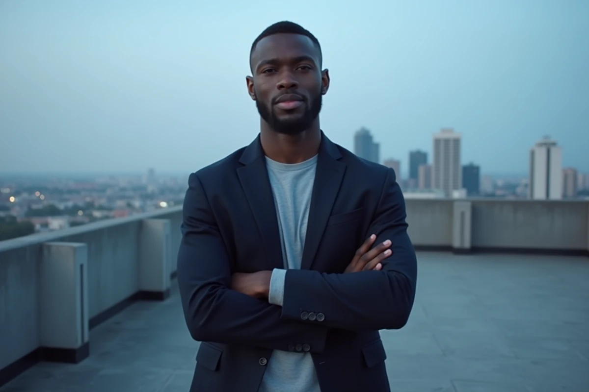Haron Tanzit sur un toit en terrasse urbaine, blazer marine, posture confiante évoquant son image publique de personnalité médiatique