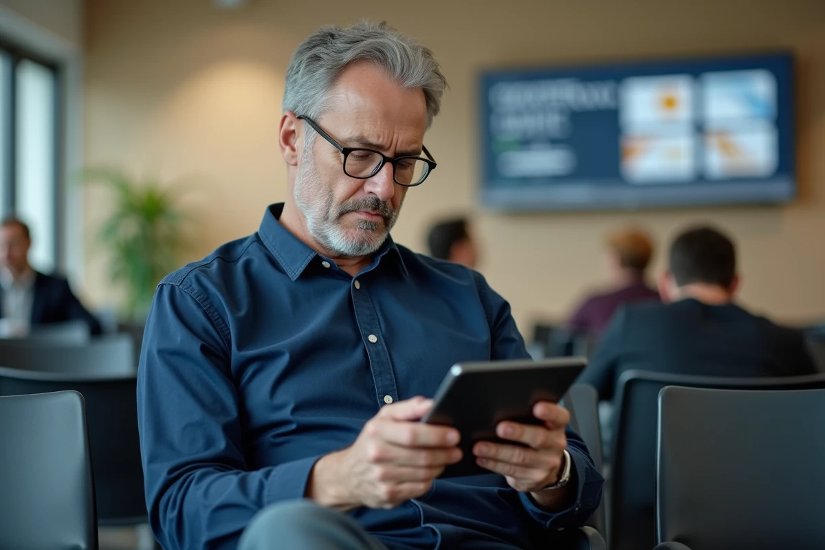 Homme attendant dans une agence CAF avec une tablette pour vérifier ses droits au logement