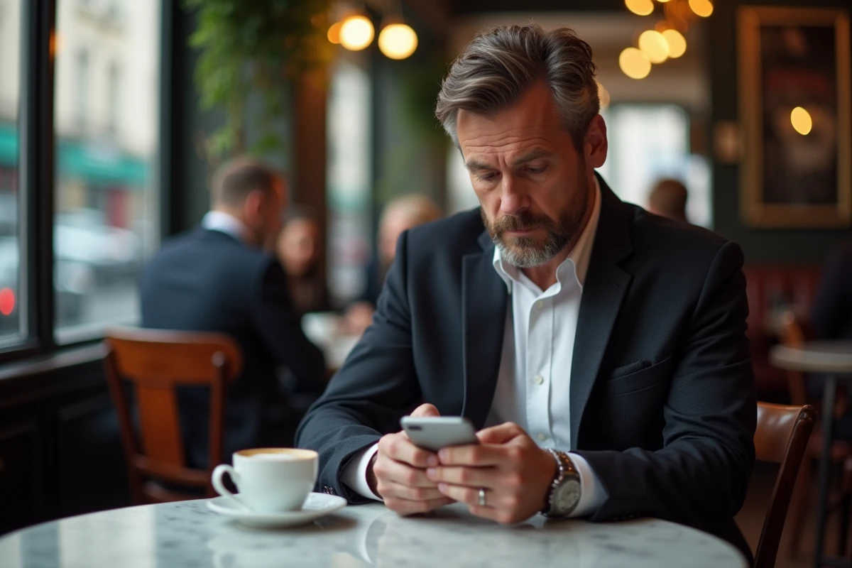 Homme en blazer sombre regardant son smartphone dans un café parisien avec architecture haussmannienne en arrière-plan