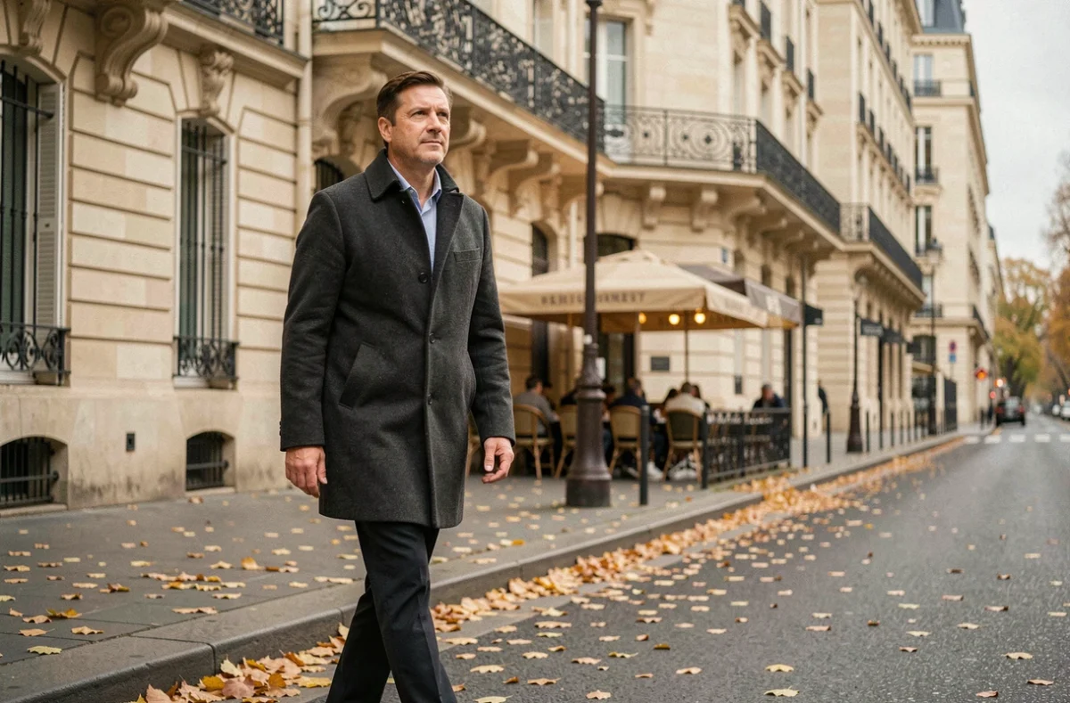 Homme marchant sur un boulevard haussmannien parisien en automne, illustrant le parcours chronologique de Pierre Haroche frère de Raphaël