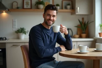 Homme souriant buvant un café à la maison