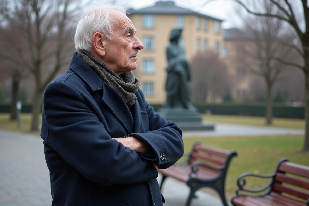 Homme critique observant une sculpture dans un parc