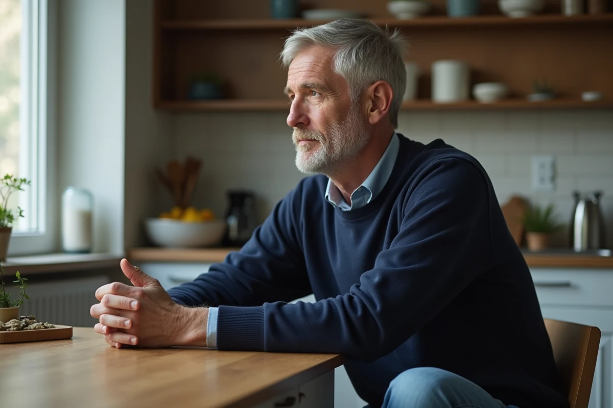 Homme mature pensif assis à la cuisine en intérieur