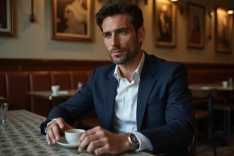 Homme en costume dans un café parisien élégant