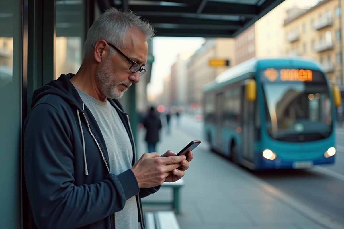 Homme vérifiant son application bancaire en extérieur
