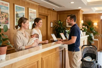 Famille avec bébé à la réception d'un hôtel familial en France, père discutant avec le concierge pendant que la mère tient son nourrisson endormi