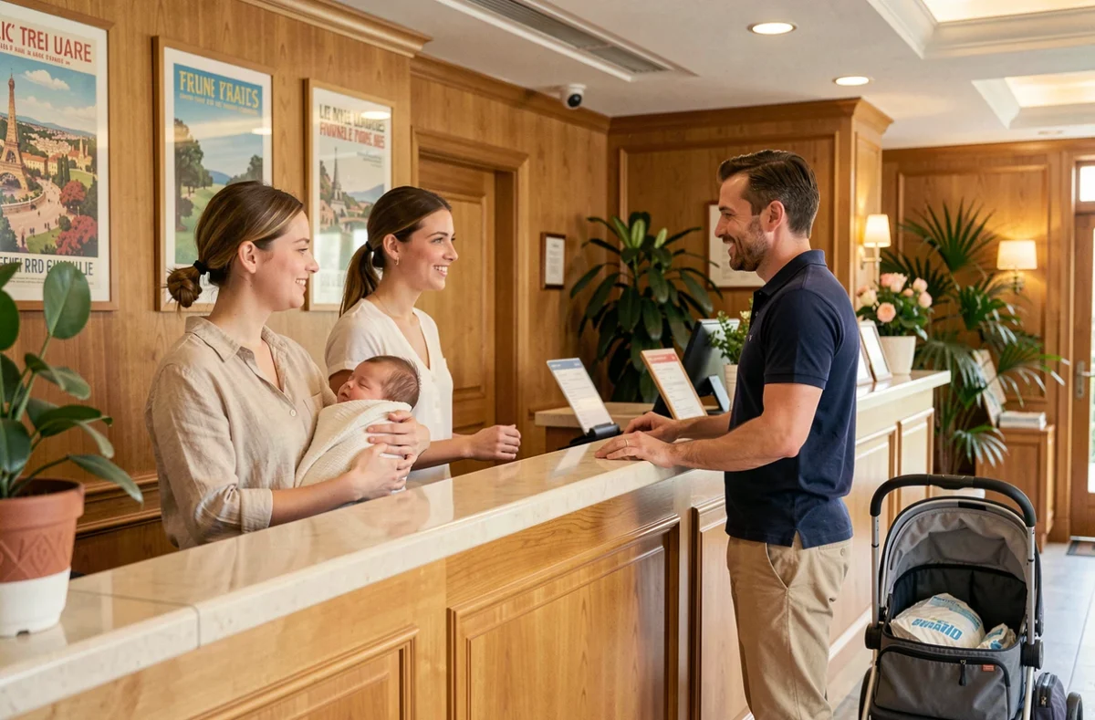 Famille avec bébé à la réception d'un hôtel familial en France, père discutant avec le concierge pendant que la mère tient son nourrisson endormi