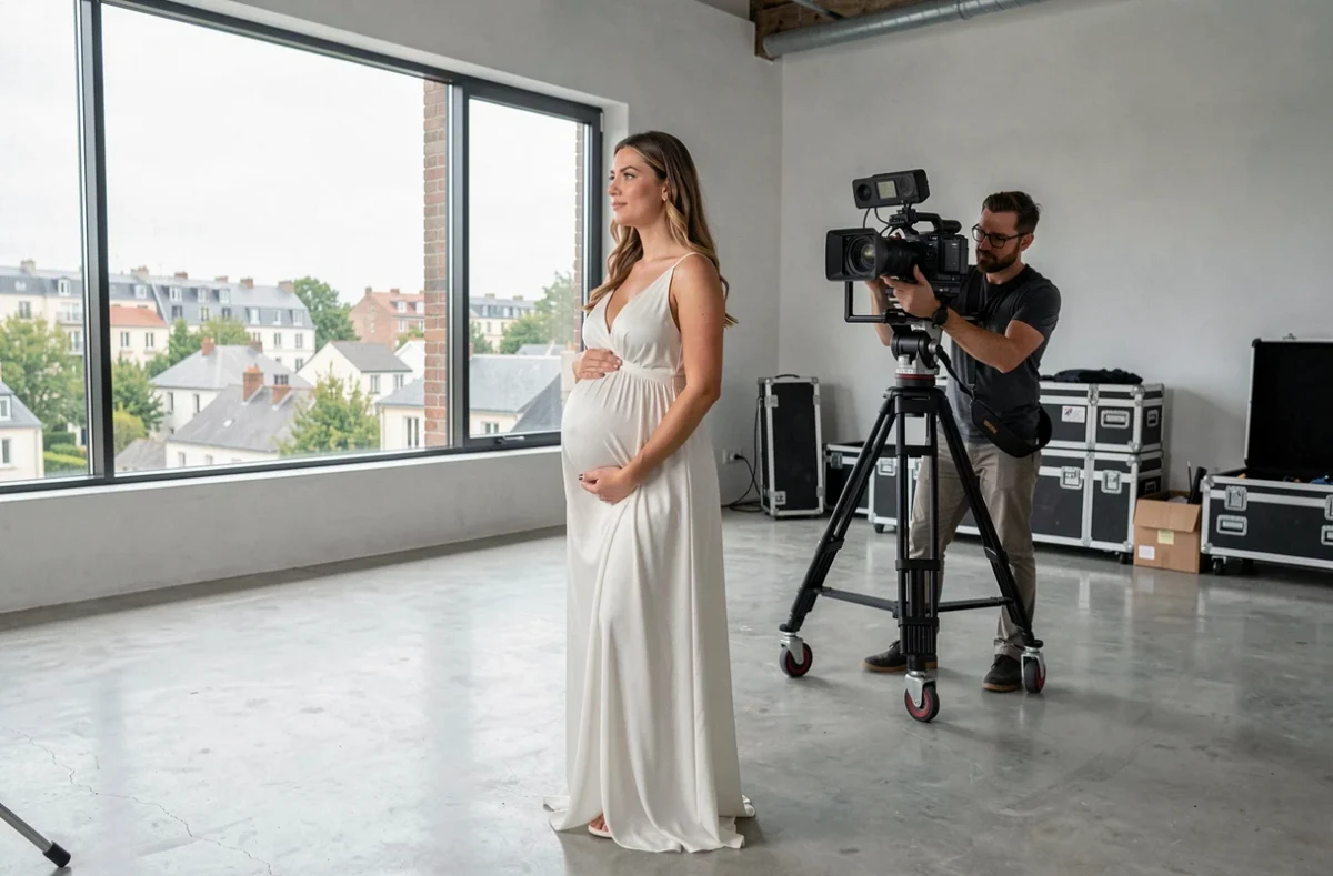 Ilys Films réalisant une séance photo et vidéo de grossesse dans un studio moderne en Île-de-France