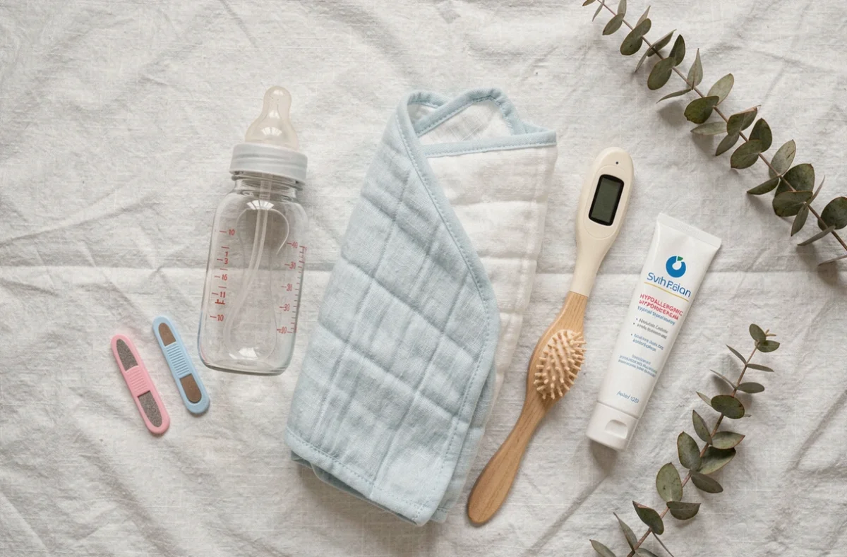 Vue de dessus des indispensables de puériculture pour nouveau-né incluant biberon, thermomètre, tétine et couverture emmaillotage disposés en flat-lay sur fond blanc