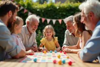 Groupe multigénérationnel jouant à un jeu de société animé autour d'une table en bois lors d'un anniversaire en plein air