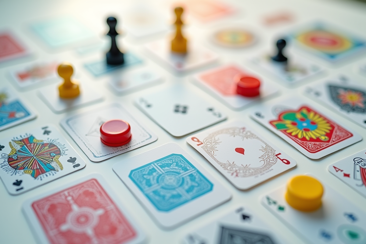 Plan rapproché de cartes colorées et pièces de jeu