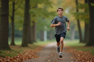 Jeune garçon courant dans la nature en pleine course
