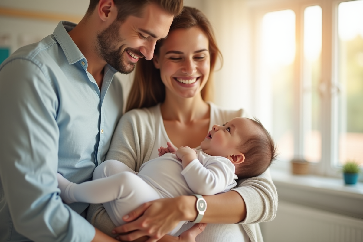 Jeune couple souriant dans une chambre lumineuse avec bébé portant bracelet avec nom commençant par U