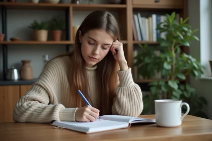 Jeune femme seule dans une cuisine moderne et chaleureuse