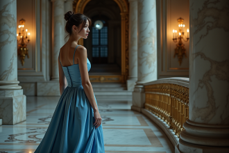 Jeune femme en robe de bal bleue devant un escalier en marbre