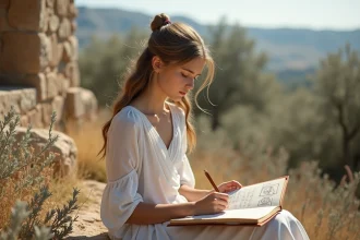 Jeune fille en robe grecque dans un olivier ensoleille