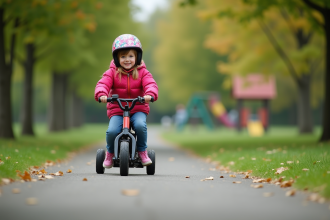 Jeune fille portant casque coloré et veste en padding en roulant en minimoto
