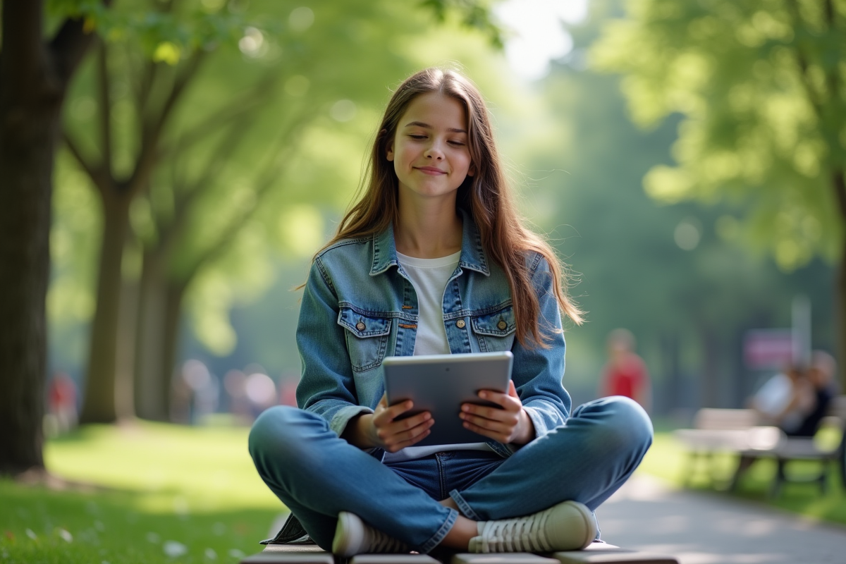 Jeune fille assise sur un banc de parc avec une tablette en main