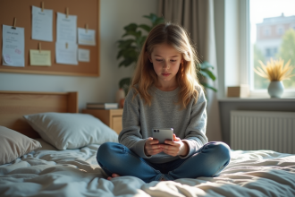Jeune fille de 15 ans dans sa chambre lumineuse utilisant son smartphone