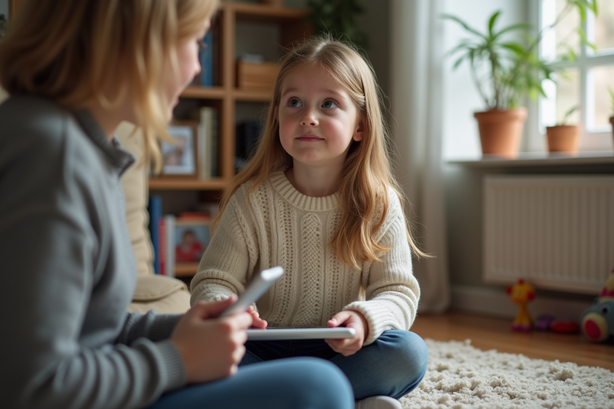 Jeune fille assise avec une tablette dans un salon chaleureux